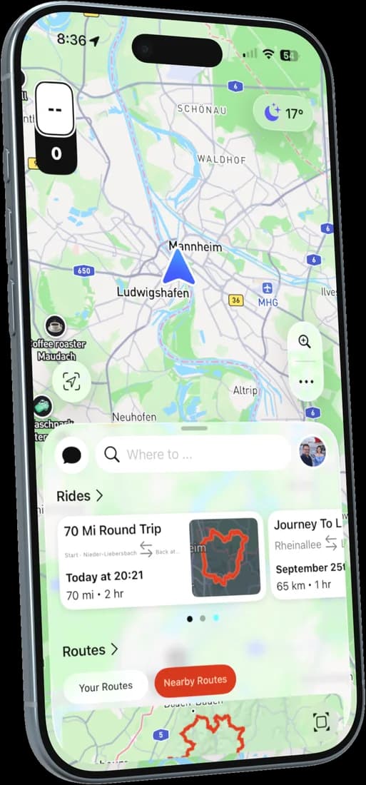 The saved route in the RiveDrive app