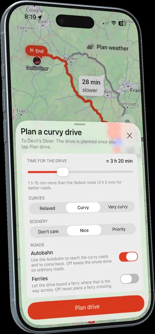 Planning a curvy drive in RiveDrive