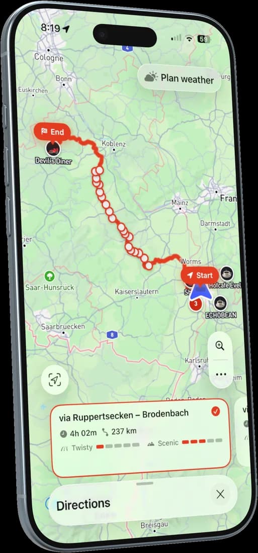 A curvy route planned by RiveDrive
