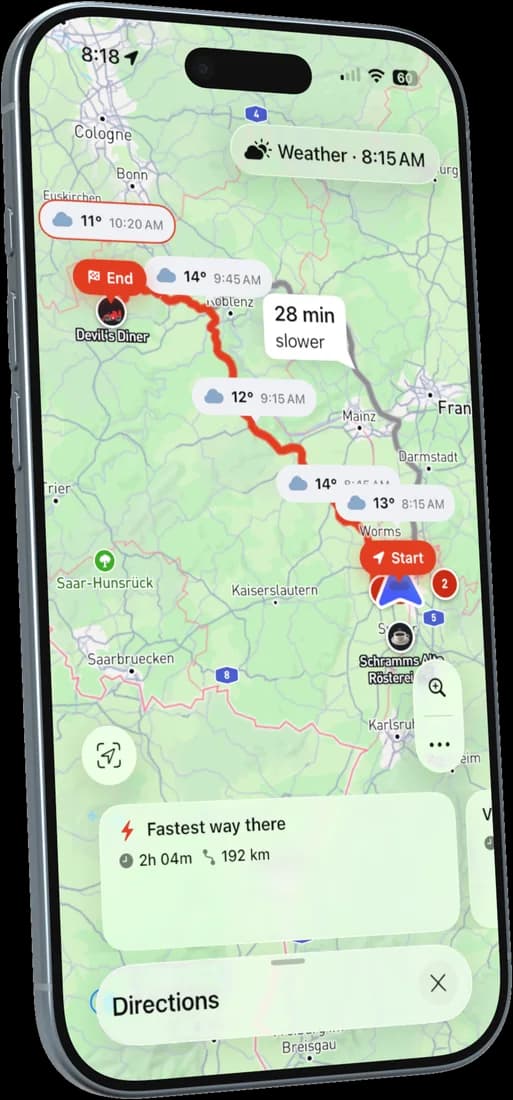 The forecast along a route, per section