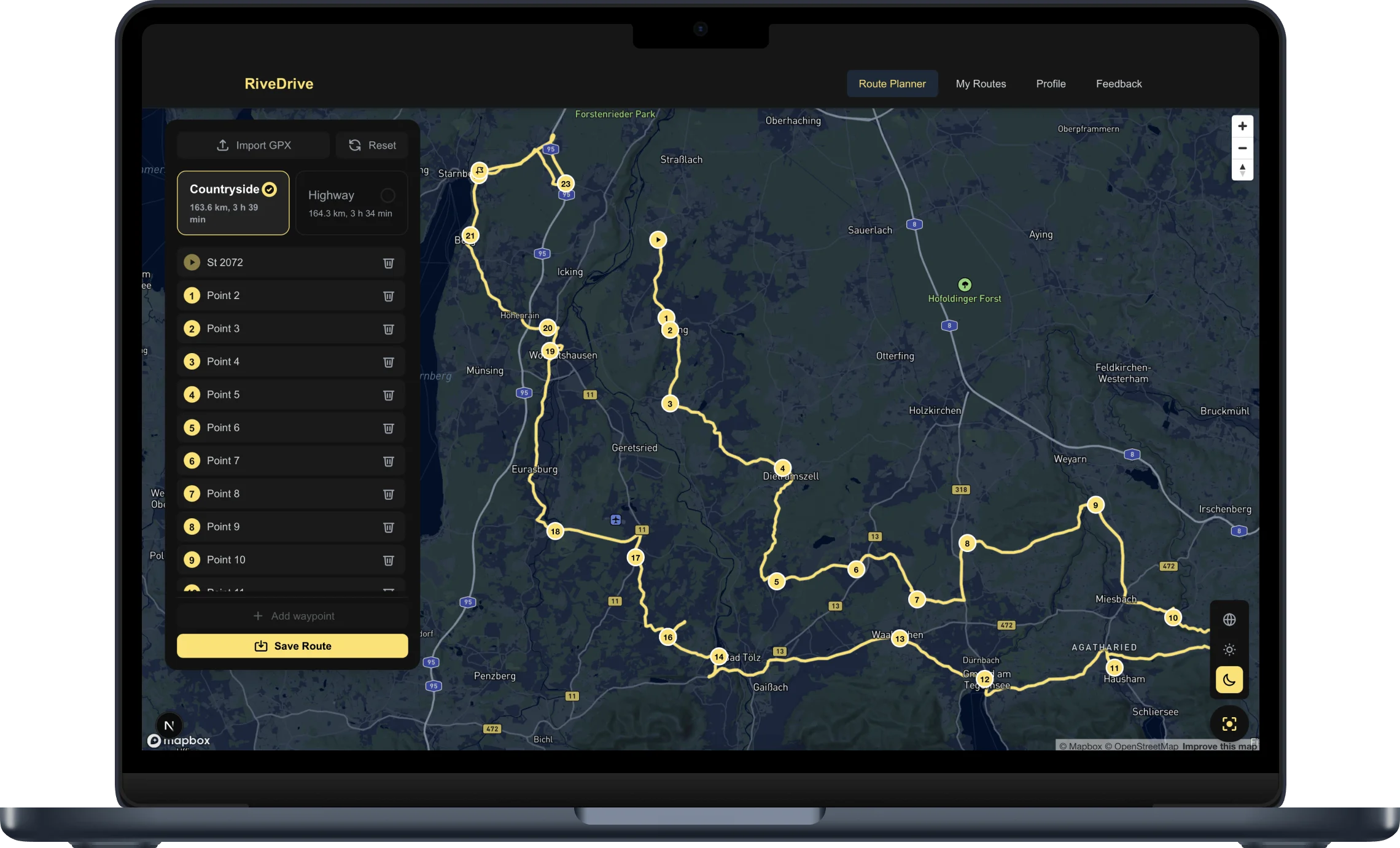 A curvy route planned in the web planner